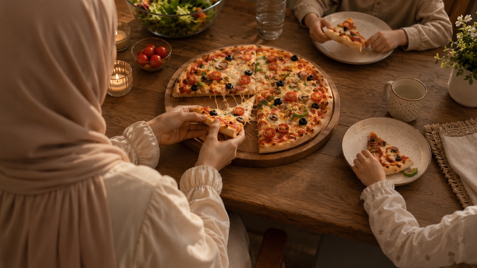 Famille partageant une pizza halal sans allergènes autour de la table