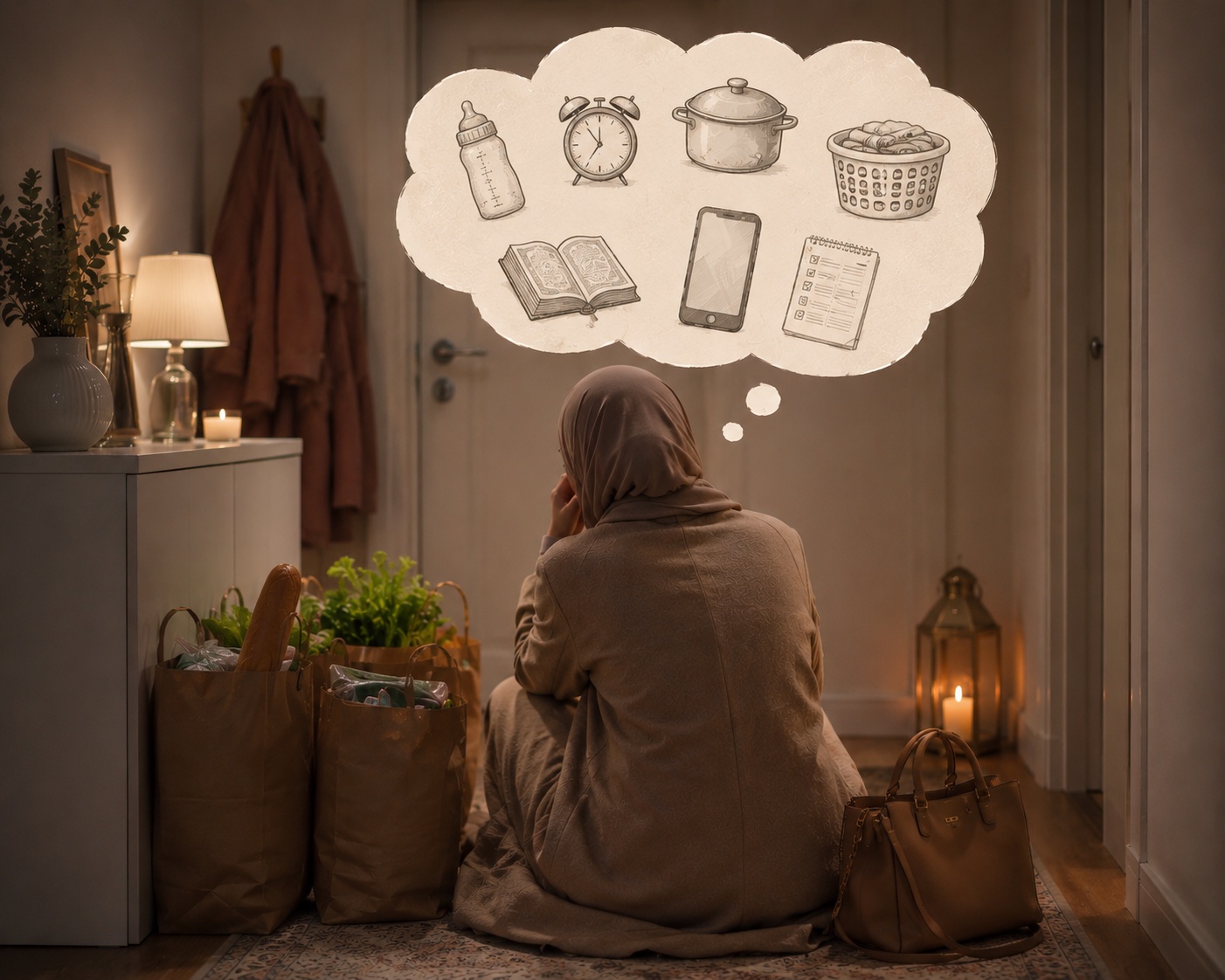 Femme de dos assise dans son entrée, bulle de pensées avec icônes du quotidien